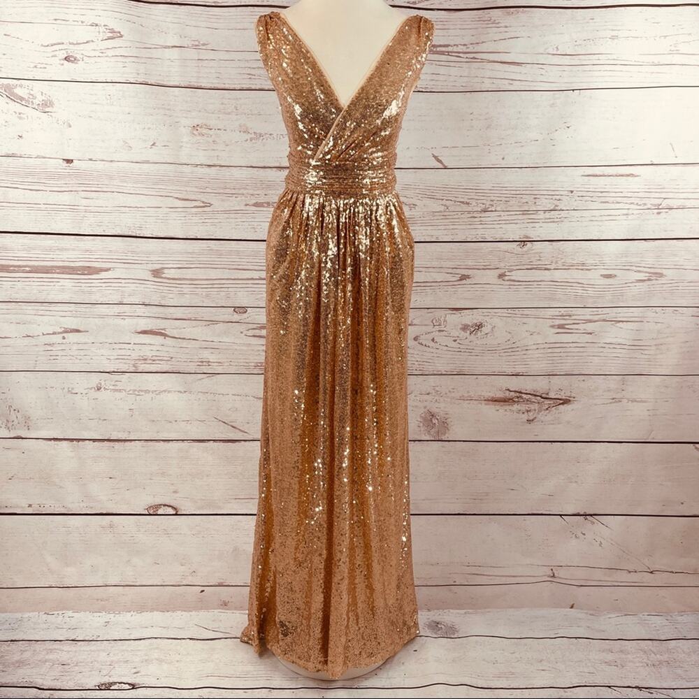 Kate Kasin Rose Gold Sequin Gown with short train